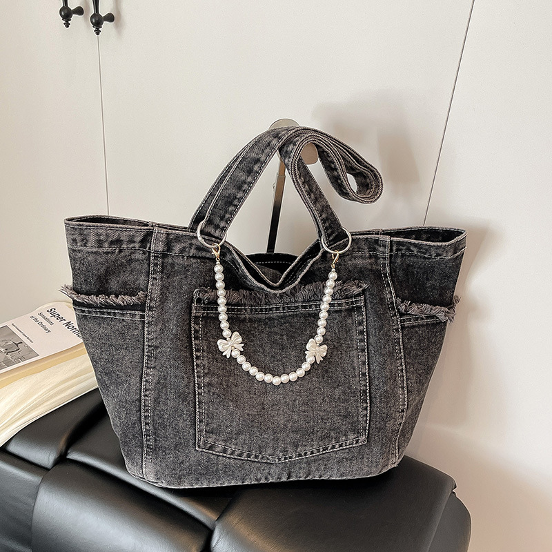 Korean Retro Washed Denim Tote Bag For Women, Large Capacity Casual Shoulder Underarm Bag, Lazy Style Commuter Handbag - Thumbnail 6