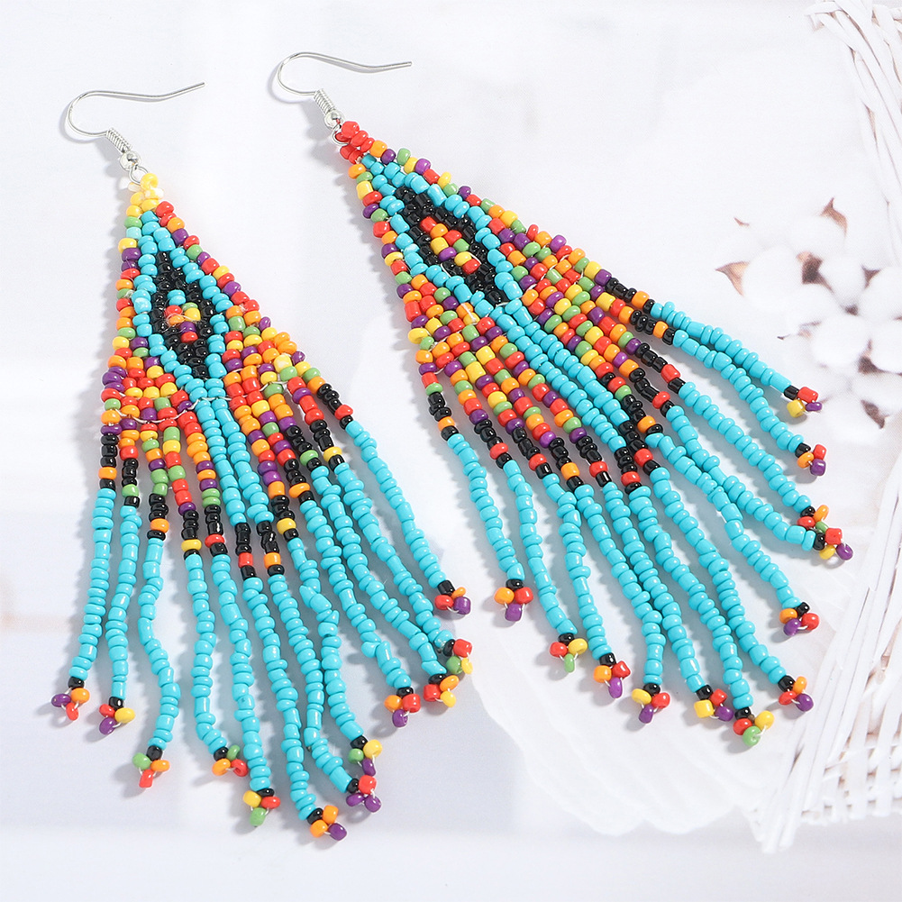 Bohemian Color Tassel Miyuki Beads Woven Feather Earrings Wholesale Nihaojewelry display picture 7