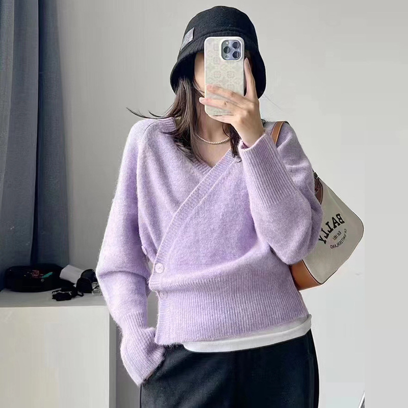 Alpaca wool cross collar slant cardigan lazy model fluffy feel texture good inner base shirt can wear for many seasons