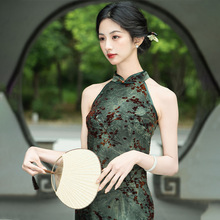 旗袍夏女新中式无袖挂脖款绿色文艺复古高端低开衩弹力旗袍