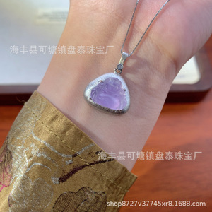 厂家批发 天然紫色水沫玉佛公大肚佛吊坠  S925银镶嵌