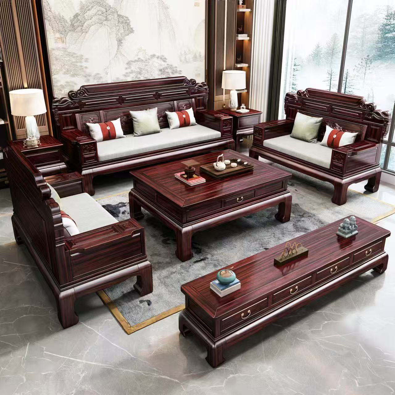 New Chinese Style Ebony Solid Wood Sofa Living Room Combination Antique Winter and Summer Dual-Use Household Ming and Qing Classical Carved Sofa