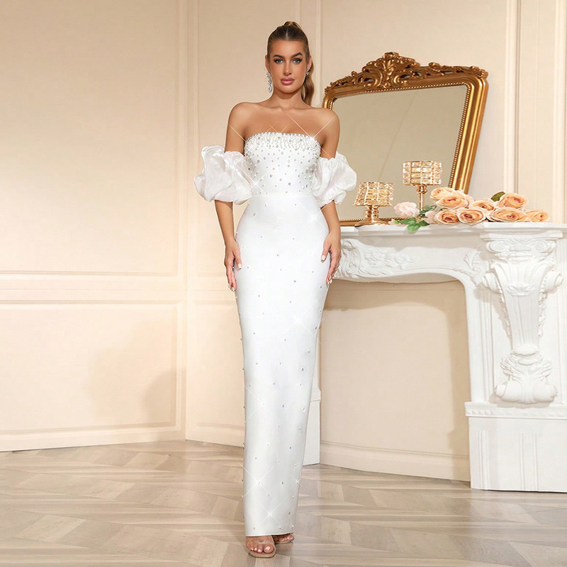 Elegant New Beaded Strapless Bandage Dress with Short Sleeves, Stretchy and Sexy Women's Long Gown