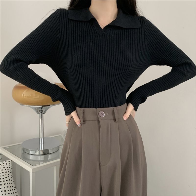 黑色polo领针织衫2025入秋上衣女辣妹显瘦内搭别致短款打底衫跨境|undefined