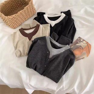 Single-Breasted Fake Two-Piece Glutinous Rice Velvet Long-Sleeved T-Shirt for Women, Loose and Casual, Thickeneded Color-Blocked Brushed Inner Pullover Top