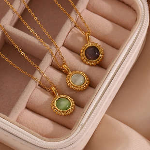 European and American Ins Fashion Simple Versatile Sweater Chain Jewelry Retro Stainless Steel Small Sun Artificial Stone Pendant Necklace