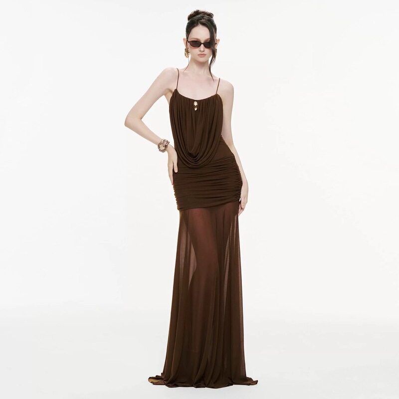 2026 European and American Cross-Border Spring New Casual Style Fresh and Sweet Comfortable Slim-Fit Pleated Slightly Sheer Dress 2026 European and American Cross-Border Spring New Casual Style Fresh and Sweet Comfortable Slim-Fit Pleated Slightly Sheer Dress