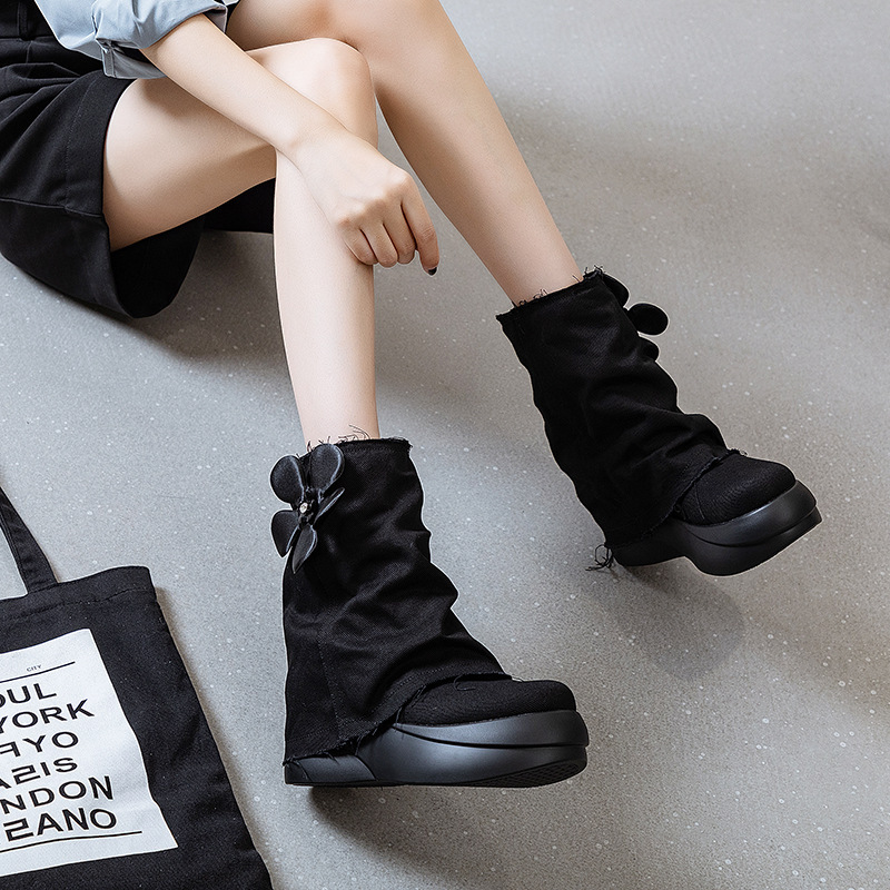 White Martin Boots for Women, 2026 Autumn New Style, Short Boots with Denim Cuffs, Thick-Soled Height-Increasing Boots for Petite Women, Autumn Single Boots