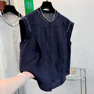 Real Shot of Embroidered Sleeveless Shirt for Women in Summer, Fashionable and Age-Reducing Stand-Up Collar, Slim Cotton and Linen Small Flying Sleeve Cardigan Top