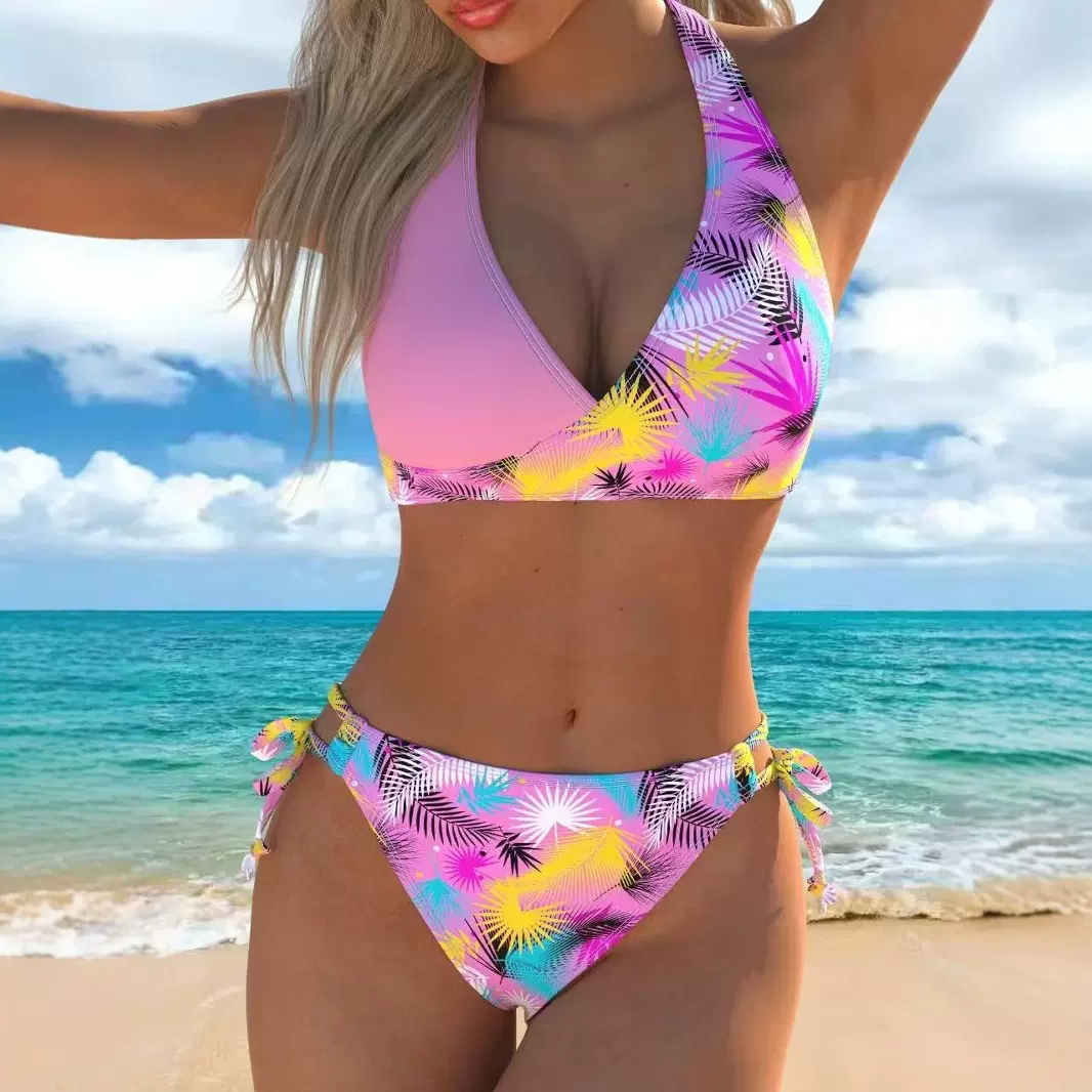 2022新款速卖通亚马逊欧美跨境纯色高腰挂脖性感分体比基尼泳衣女