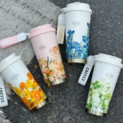 玲兰花保温杯316咖啡杯子女 高颜值双饮吸管水杯车载礼品杯子定制