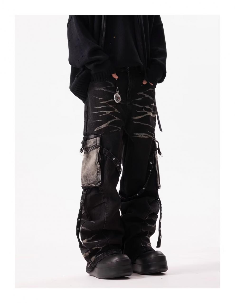 Jean cargo rétro ondulé à poches multiples et lacets pour homme, coupe droite, robuste et ample._voghion.com