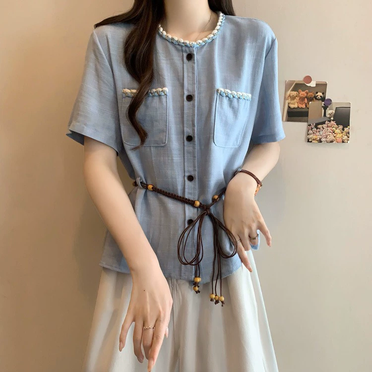 Светло-синяя красивая шифоновая рубашка с короткими рукавами для женщин, летняя рубашка больших размеров с талией мм, утягивающий богемный топ