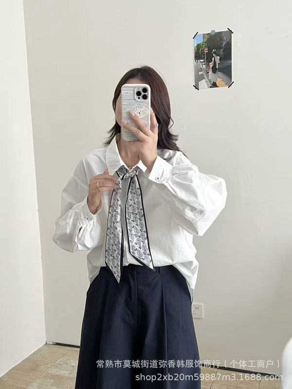 秋新款时尚翻领长袖衬衫女韩版宽松显瘦抽绳上衣配丝巾|undefined