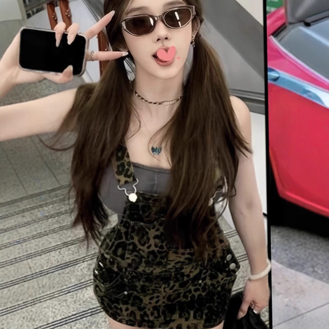 아메리칸 스타일 레트로 레오파드 무늬 데님 스트랩 원피스 여성의 봄과 여름 2025 새로운 느슨한 슬리밍 힙합 스커트