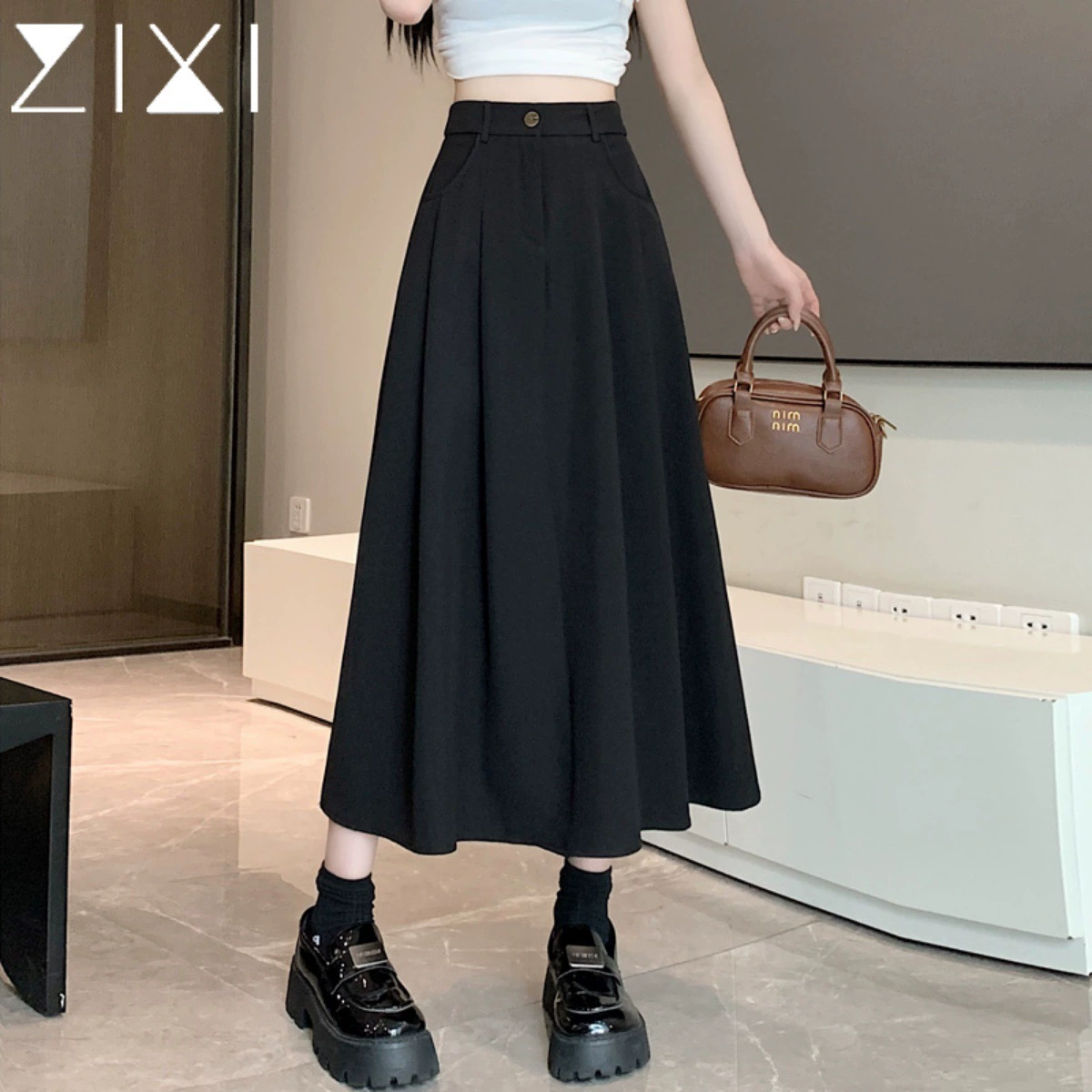 Черный костюм, плиссированная юбка, женская юбка-зонтик, лето 2025, новый стиль, утягивающая, закрывающая бедра, драпированная длинная юбка, юбка трапециевидной формы