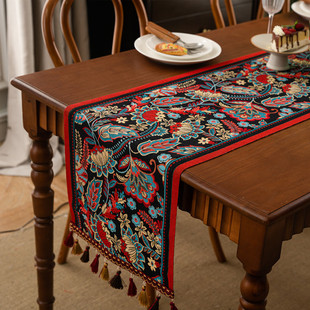 American Retro Table Flag Yarn-Dyed Jacquard Ethnic Style Plant Leaves Tassel Polyester Tablecloth Table Flag Bedside Flag Cover