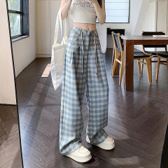[内包辺] 青い格子の怠惰なカジュアルパンツの女性春夏太ったmmの大きいサイズのゆるい梨の形のスタイルのワイドパンツの女性