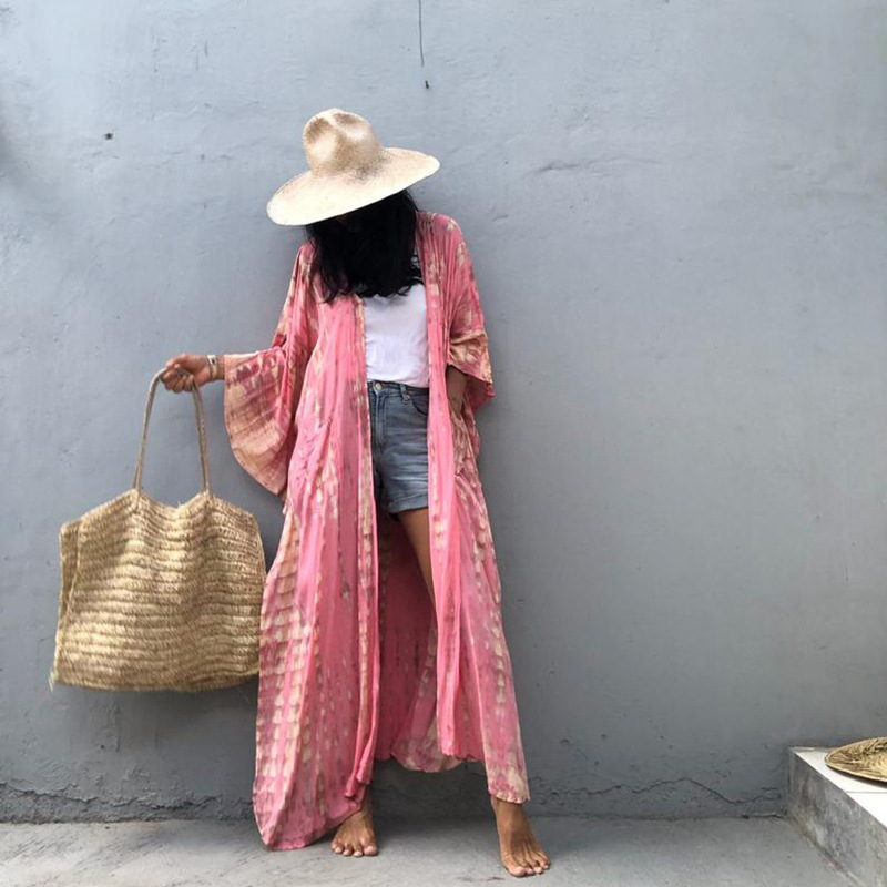 Rayon Water Print Bikini Cover up Loose Dress Sexy Cardigan Beach Sun Protection Shirt European American Style Women's Clothing Swimwear_ecoleips.com