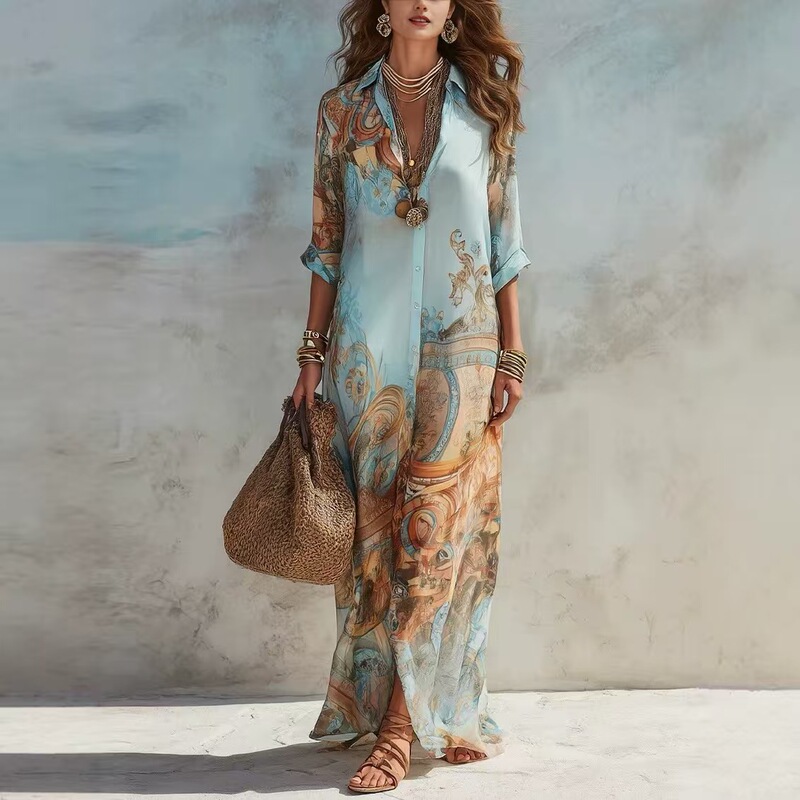2026 European and American Fashion Cross-Border New Printed Long Dress with Silk Texture, Vacation Style, Elegant and Graceful Dress 2026 European and American Fashion Cross-Border New Printed Long Dress with Silk Texture, Vacation Style, Elegant and Graceful Dress