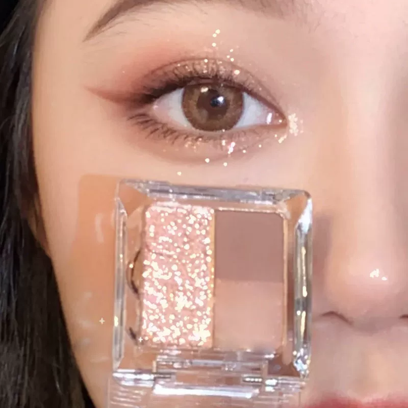 Eyeshadow Duo, pink–purple shiny palette, sequin finish, handheld compact