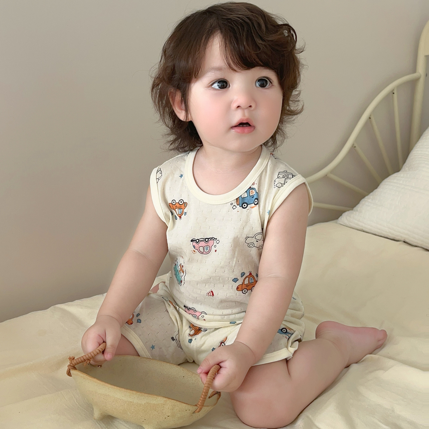 儿童睡衣夏季薄宝宝纯棉呼吸无袖背心短裤家居服男女童空调服套装