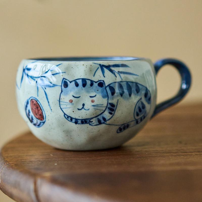Tao Meiji 手描き青と白の磁器コーヒーカップ手作りかわいい猫マグ家庭用セラミックウォーターカップ朝食カップ|undefined
