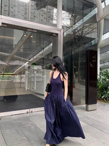 Navy Blue U-Neck A-Line Suspender Dress Women's Summer Slim-Fit Waist-Controlled Skirt Stylish Elegant Flared Long Dress