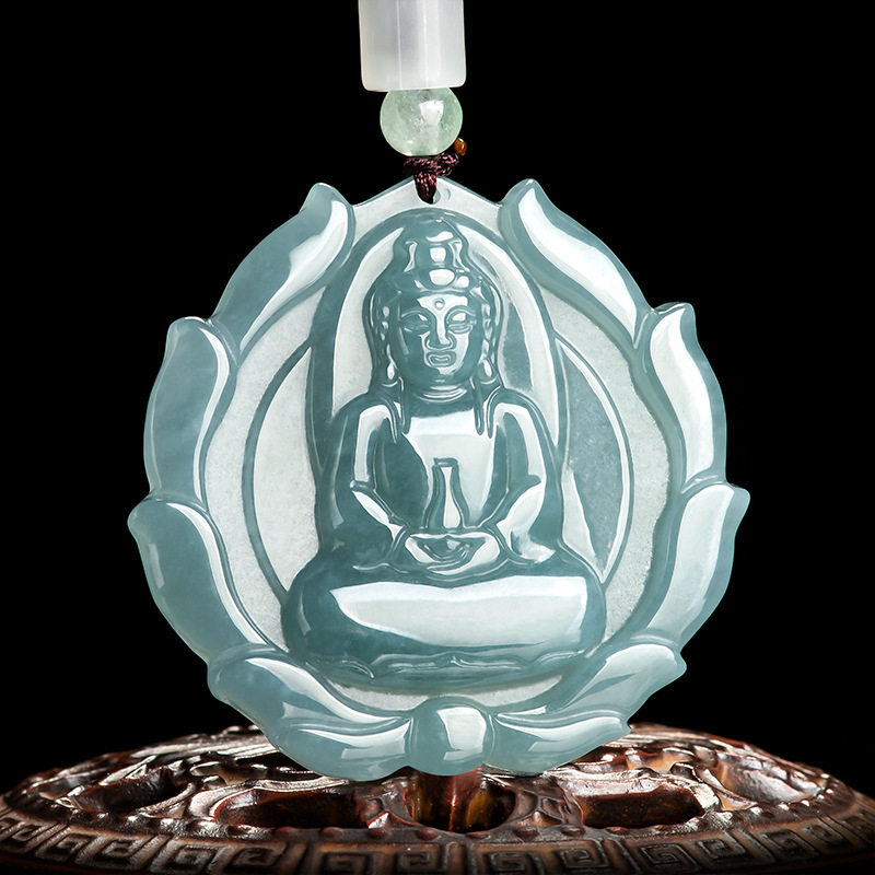 Authentic Natural A-Grade Jadeite Blue Water Lotus Pure Bottle Guanyin Pendant Ice Jade Men's and Women's Pendant to Ensure Safety Authentic Natural A-Grade Jadeite Blue Water Lotus Pure Bottle Guanyin Pendant Ice Jade Men's and Women's Pendant to Ensure Safety
