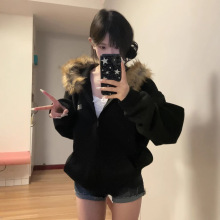 韩版ins美式复古慵懒学院风上衣毛领拉链连帽卫衣宽松开衫外套女