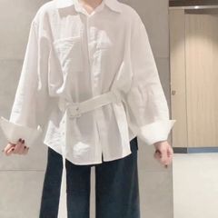法式蓝色polo领衬衫女士春夏季收腰显瘦中长款衬衣设计感小众上衣