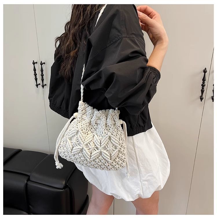 Women's Crossbody Woven Bag - New Fashion Niche Design Hollow-Out Bucket Bag, Beach Vacation Style - Thumbnail 3