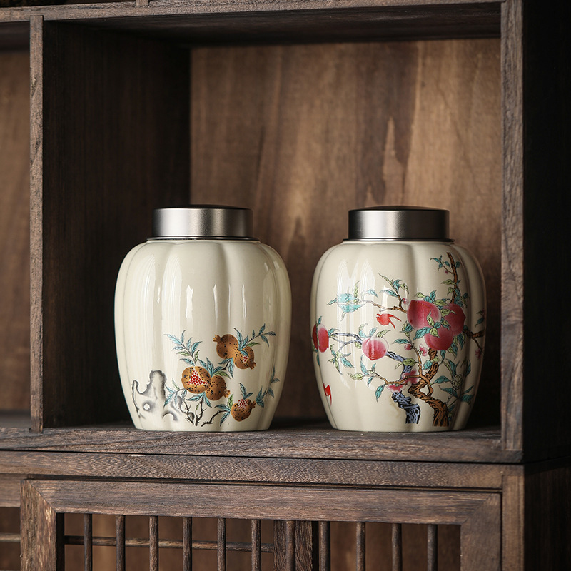 批發 金屬蓋雙層密封罐 草木灰壽桃茶葉罐陶瓷密封罐存茶罐禮盒裝