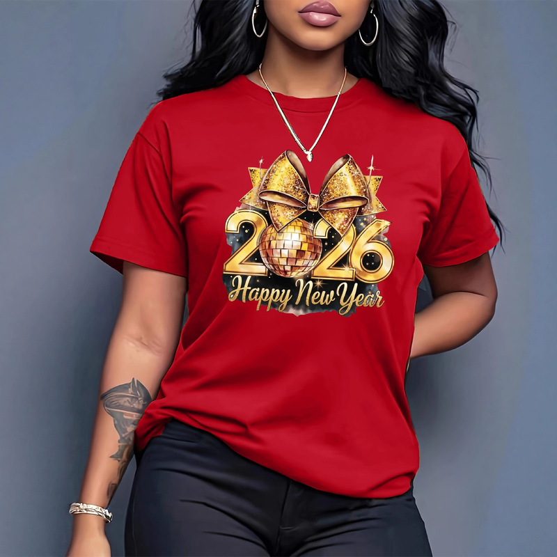 Cross-Border Temu Hot Style 2026 Golden Fireworks Print Women's T-Shirt Happy New Year Short-Sleeved Round Neck Party Top