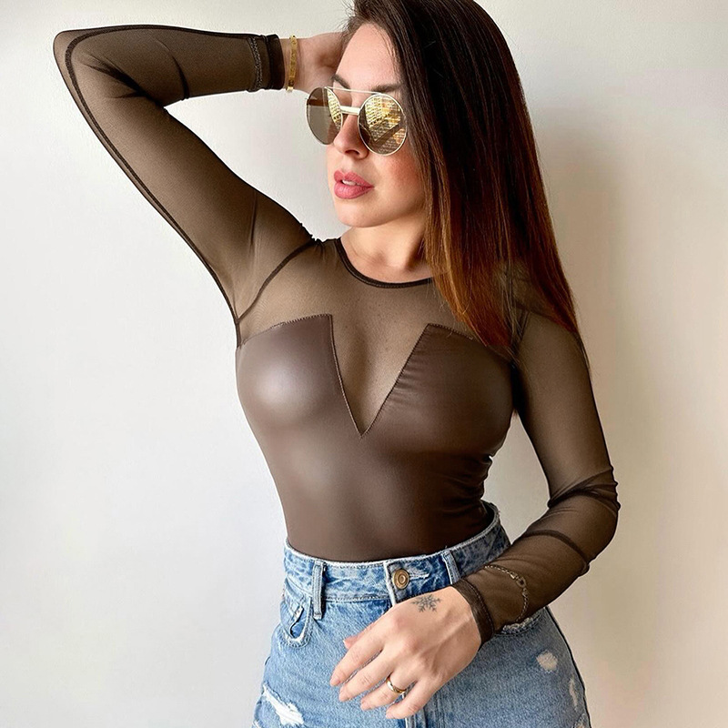 Prospettiva elastica attillata T-shirt a maniche lunghe con maglietta a maniche lunghe in pelle PU patchwork sexy_voghion.com