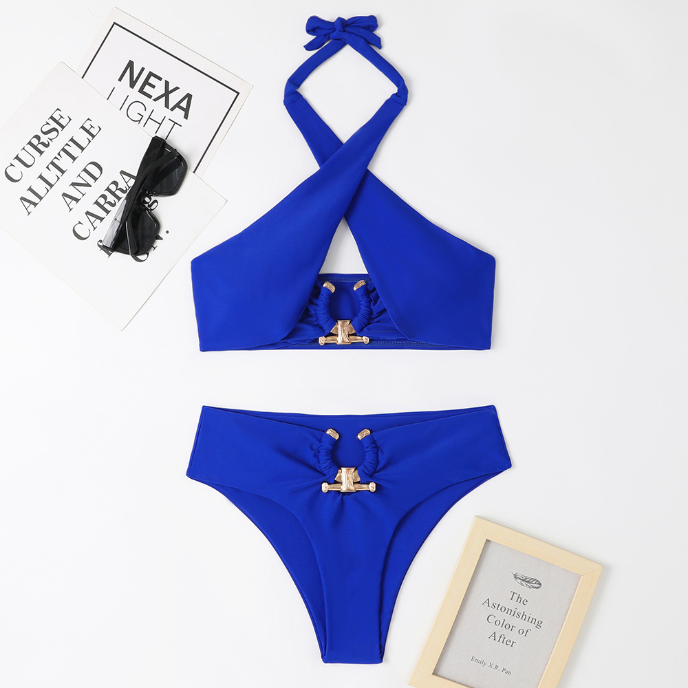 Women's Solid Colour Bikini Set Backless Sexy Metallic Accents_voghion.com
