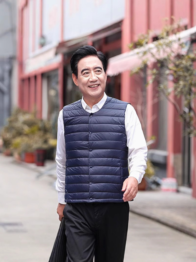 Otoño y invierno padre hombre chaleco de pluma de mediana edad chaleco de cuello redondo chaqueta de hombro delgada abrigo corto cálido