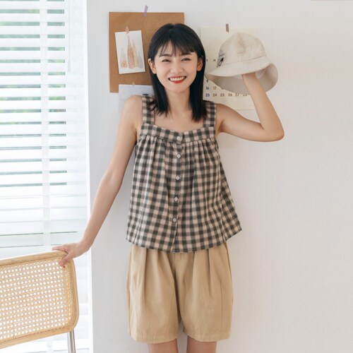 Huangzheng Day Series Sweet Cotton Linen Check Gown Blouse Women 2024 Summer New Loose Single Button Top