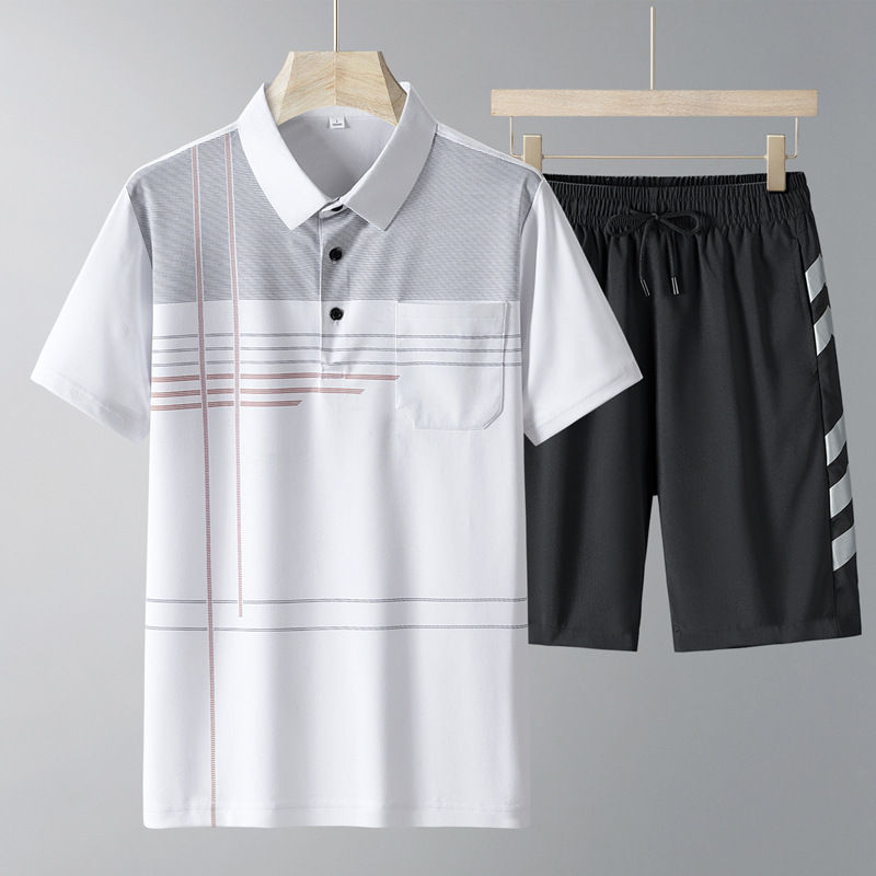 Trajes casuales de mediana edad para hombres, pantalones cortos de manga corta sueltos de verano, papá con seda de hielo, nuevo juego deportivo de dos piezas para hombres