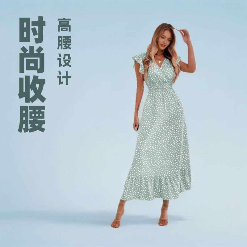 Amazon Cross-Border Foreign Trade European and American Women's Clothing 2025 Spring and Summer V-Neck Waist-Cinching Long Dress High-Waisted Dress Coat Off-Shoulder 803