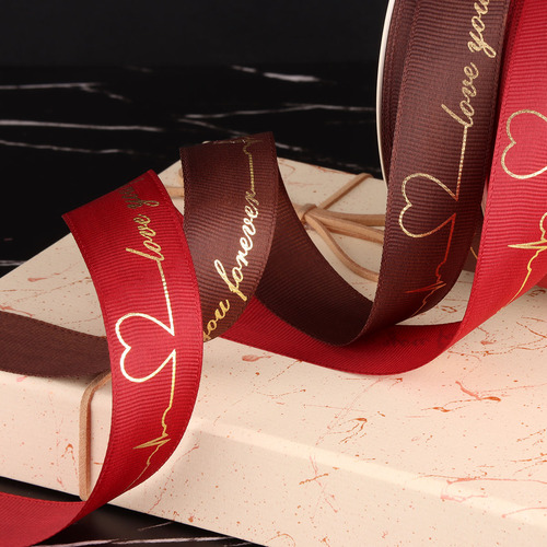 Gold foil woven floral gift box ribbon for birthday cake, letter band print satin ribbon 2.5cm
