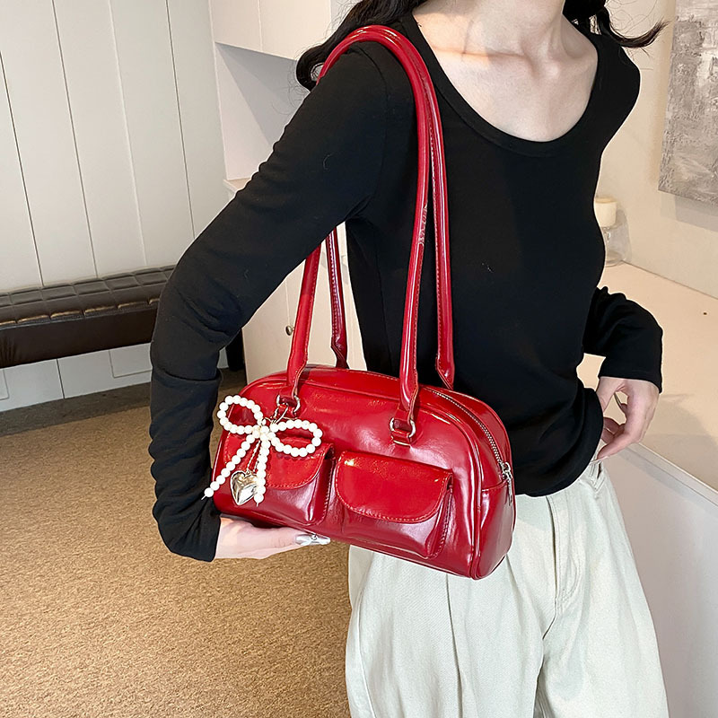Korean Niche Patchwork Shoulder Bag For Women 2025 New Bowling Bag Fashion Retro Versatile Boston Underarm Bag - Thumbnail 3
