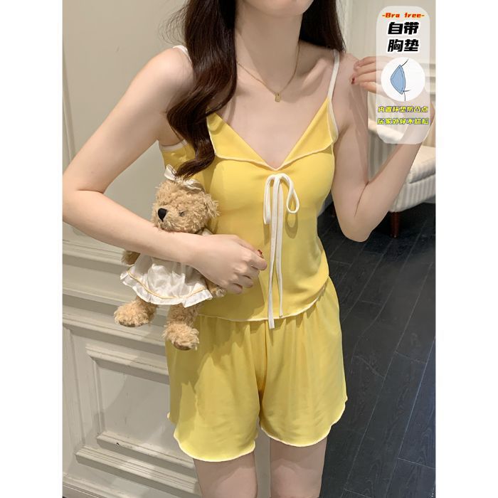 Venta al por mayor transfronteriza con almohadilla fija para el pecho verano nuevo pijama mujer seda de hielo dulce servicio a domicilio estilo princesa traje francés