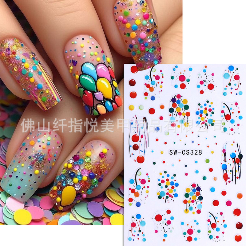 Cross-Border New Nail Art Stickers Wholesale Ins Colorful Dot Balloon Fantasy New Year Adhesive Nail Decal Decoration