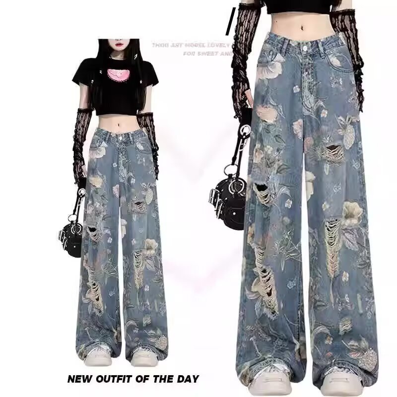 American Retro Floral Graffiti Print Ripped Jeans for Women Summer Design High Waist Loose Straight Wide Leg Floor Mopping Pants American Retro Floral Graffiti Print Ripped Jeans for Women Summer Design High Waist Loose Straight Wide Leg Floor Mopping Pants