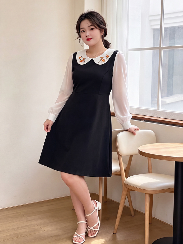 60-150kg Plus Size Women's College Style Dress for Spring and Autumn, Loose and Stylish Long-Sleeve Midi Dress for Slightly Plump Women