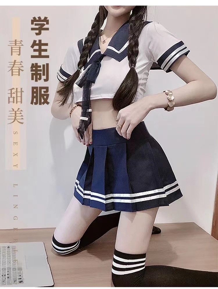 College-Style Roleplay Uniform Set with Navy Collar Miniskirt and Student Socks — detail image 2