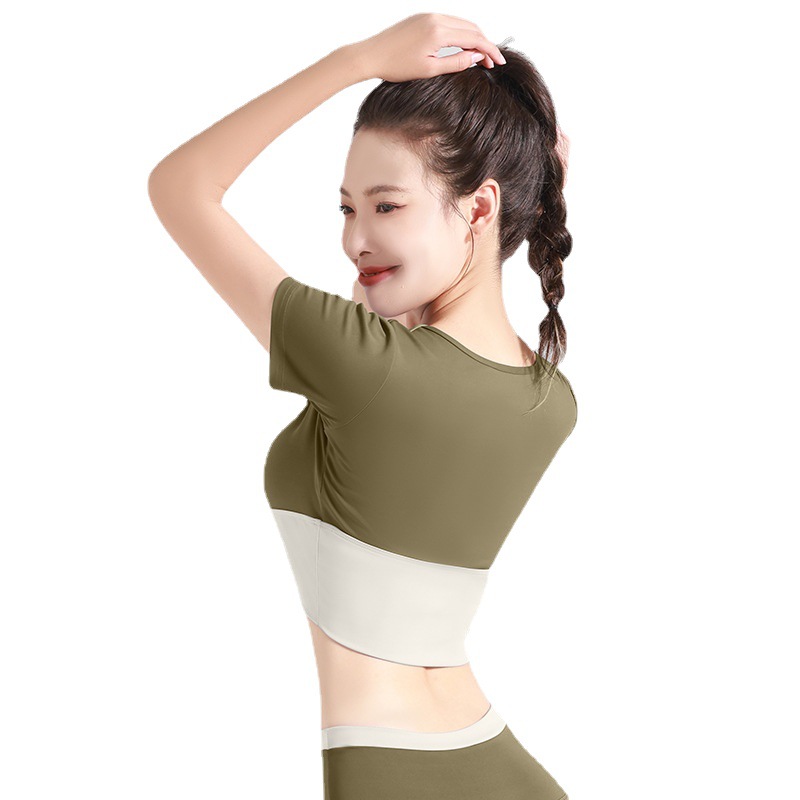 Juyitang color matching ombligo de manga corta deportes fitness top de secado rápido sin desgaste sujetador de yoga apretado de manga corta de las mujeres