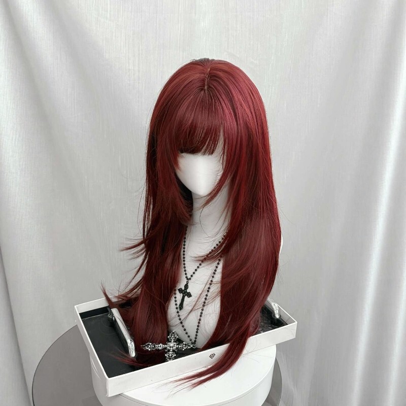 [Sea Queen's Birthday Diary] Full Head Wig with High-End Straight Hair, Bangs, Everyday Wear, Brightening Effect, Trendy Red Color