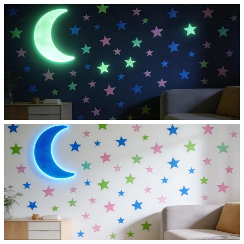 Estrellas de 3cm, luna de 8cm, pegatinas luminosas para pared, fluorescentes, brillantes, 3D, pegatinas decorativas para habitación infantil, pegatinas luminosas para refrigerador.